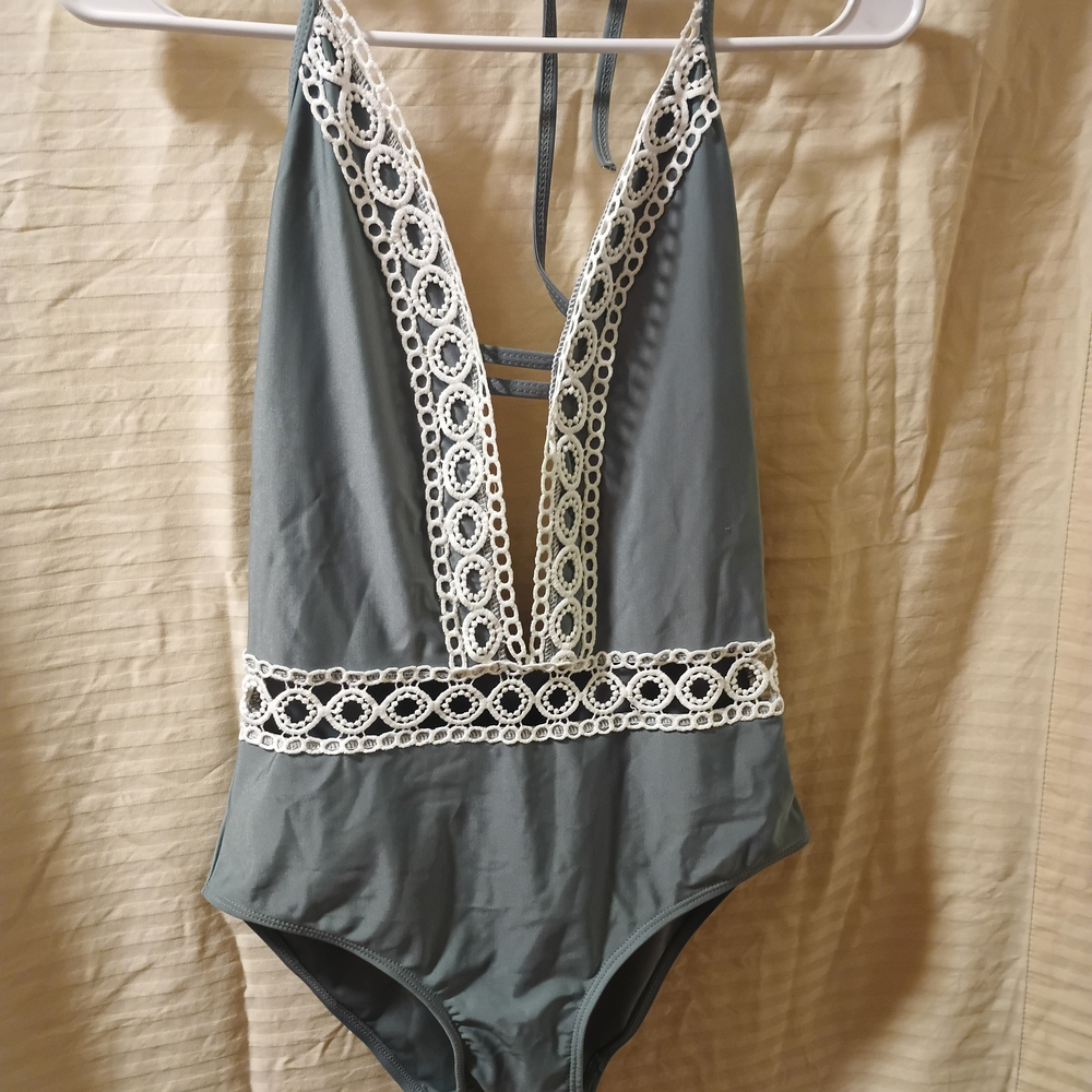 Cupshe Sage Green One-Piece Swimsuit with White Crochet Trim